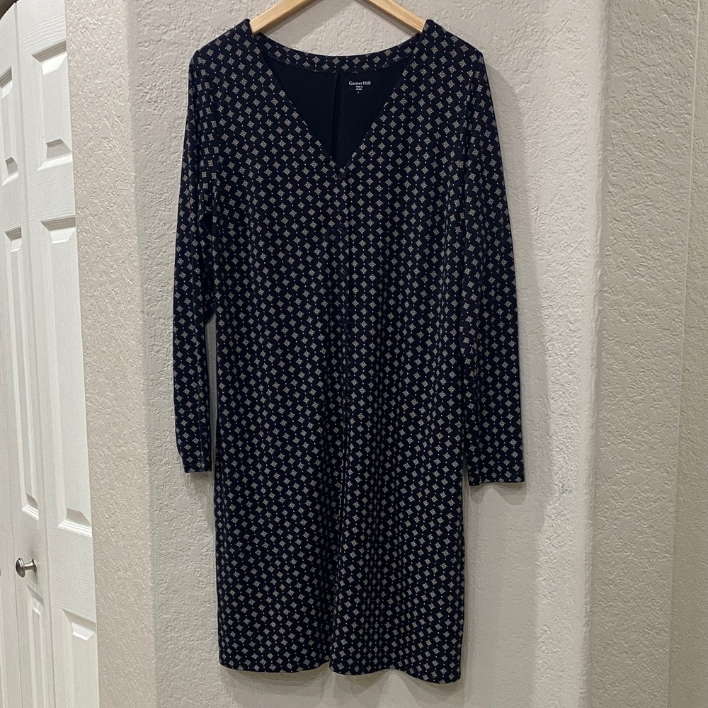 Garnet Hill Phoebe Button-Front Knit Dress Sz L Black/White long sleeve pockets